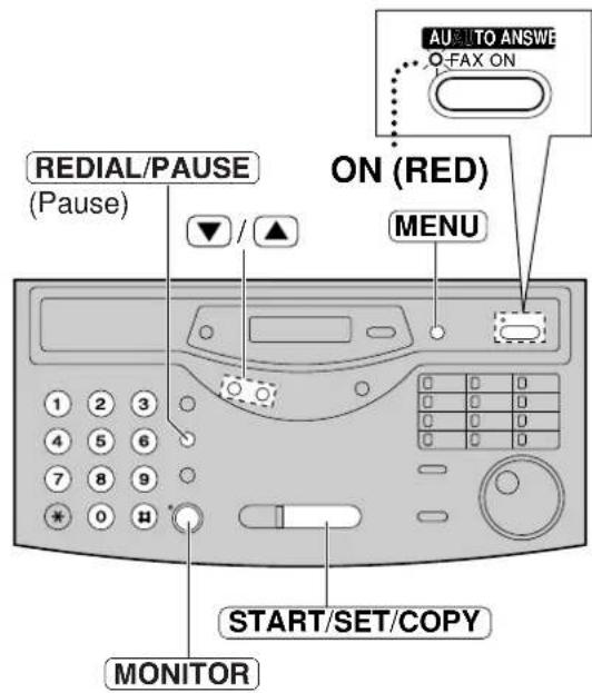AU TO ANSWE FAX ON ON (RED) MENU REDIAL/PAUSE (Pause) START/SET/COPY MONITOR