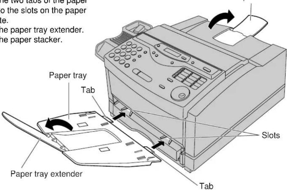 Two tabs of the paper to the slots on the paper de. the paper tray extender. the paper stacker. Paper tray Tab Papertray extender Slots Tab