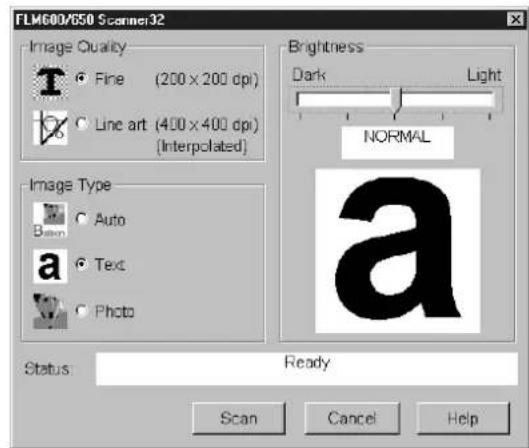 FLM600/650 Scanner32 Image Quality Fine (200 x 200 dpi) Line art (400 x 400 dpi) (Interpolated) Brightness Dark Light NORMAL Image Type Auto Text Photo Status: Ready Scan Cancel Help