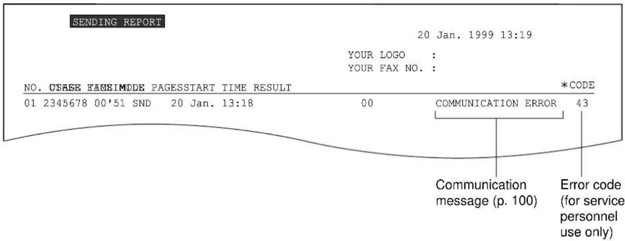 SENDING REPORT 20 Jan. 1999 13:19 YOUR LOGO : YOUR FAX NO. : NO. USAGE HAUSIMODE PAGESSTART TIME RESULT 01 2345678 00'51 SND 20 Jan. 13:18 00 *CODE COMMUNICATION ERROR 43 Communication message (p. 100) Error code (for service personnel use only)