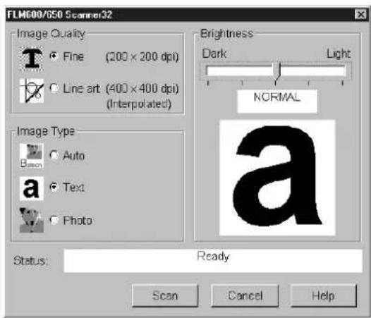 FLMG00/850 Scanner32 Image Quality • Fine (200 × 200 dpi) • Line art (400 × 400 dpi) (Interpolated) Image Type • Auto • Text • Photo Brightness Dark Light NORMAL Status: Ready Scan Cancel Help