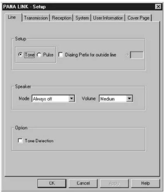 PANA LINK - Setup Line | Transmission | Reception | System | User Information | Cover Page | Setup ● Tone ○ Pulse □ Diaing Prefix for outside line → Speaker Node Always off ▼ Volume Medium Option □ Tone Detection OK Cancel Apply Help