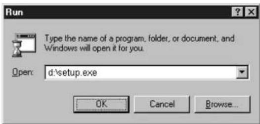 Run Type the name of a program, folder, or document, and Windows will open it for you. Open: d:\setup.exe OK Cancel Browse...