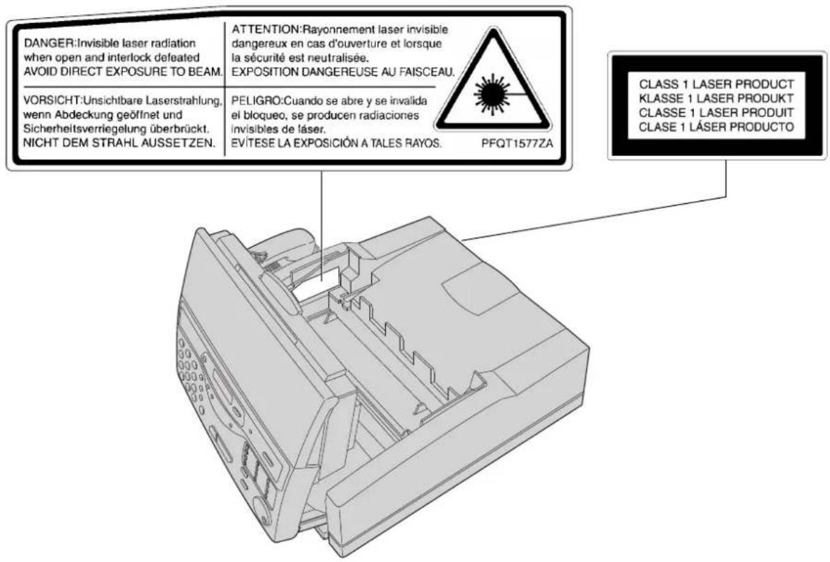 DANGER:Invisible laser radiation when open and interlock defeated AVOID DIRECT EXPOSURE TO BEAM. VORSICHT:Unsichtbare Laserstrahlung, wenn Abdeckung geöffnet und Sicherheitsverriegelung überbrückt. NICHT DEM STRAHL AUSSETZEN. ATTENTION:Rayonnement laser invisible dangereux en cas d'ouverture et lorsque la sécurité est neutralisée. EXPOSITION DANGEREUSE AU FAISCEAU. PELIGRO:Cuando se abre y se invalida el bloqueo, se producen radiaciones invisibles de láser. EVÍTESE LA EXPOSICIÓN A TALES RAYOS. PFQT1577ZA CLASS 1 LASER PRODUCT KLASSE 1 LASER PRODUKT CLASSE 1 LASER PRODUIT CLASE 1 LÁSER PRODUCTO