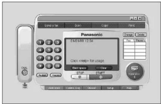 Send a Tax Scan Copy Print Panasonic 01:01:49 12:04 Click for usage Back space Clear STOP START Number 0 Add Back Control Log Quick Setup Help