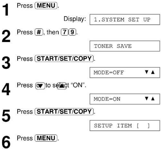 1 Press MENU. Display: 1.SYSTEM SET UP 2 Press #, then 7 9. TONER SAVE 3 Press START/SET/COPY. MODE=OFF ▼▲ 4 Press ▼ to select "ON". MODE=ON ▼▲ 5 Press START/SET/COPY. SETUP ITEM [ ] 6 Press MENU.