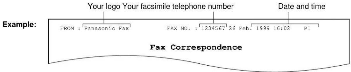 Your logo Your facsimile telephone number Date and time FROM : Panasonic Fax FAX NO. : 1234567 26 Feb. 1999 16:02 P1 Fax Correspondence