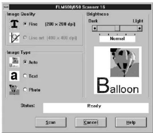 FLM600/650 Scanner 16 Image Quality Fine [200 × 200 dpi] Line art [400 × 400 dpi] Brightness Dark Light Normal Image Type Auto Text Photo Status: Ready Scan Cancel Help