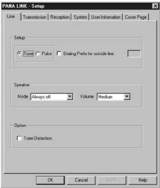 PANA LINK - Setup Line | Transmission | Reception | System | User Information | Cover Page | Setup ● Tone ○ Pulse □ Díaing Prefix for outside line Speaker Mode Always off ▼ Volume Medium Option □ Tone Deletion OK Cancel Apply Help