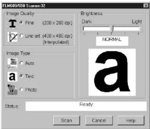 FLM600/650 Scanner 32 Image Quality Fine (200 x 200 dpi) Line art (400 x 400 dpi) (Interpolated) Brightness Dark Light NORMAL Image Type Auto Text Photo Status Ready Scan Cancel Help
