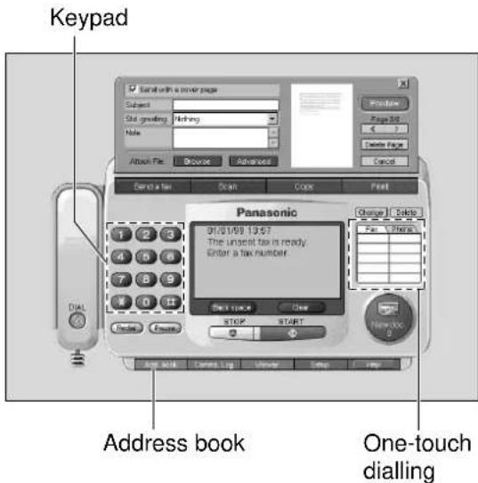 Keypad Send with a cover page Subject Out-Grading: Nothing Note Attach File: Browse Advanced Send a tax Scan Copy Print Panasonic 01/01/09 13:57 The unsgst tax is ready. Enter a tax number. One-touch dialling Address book One-touch dialling