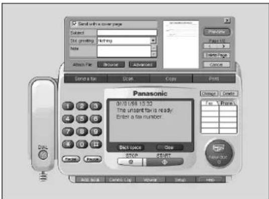 Send with a cover page Select Out printing Nothing Note Attach Pre Browse Advanced Cancel Cancel for Scan Copy Print Panasonic 01/01/09 15:32 The insert fax is ready. Enter a tax number. Edit space Close STOP START Add back Cancel Log Reset Setup Help