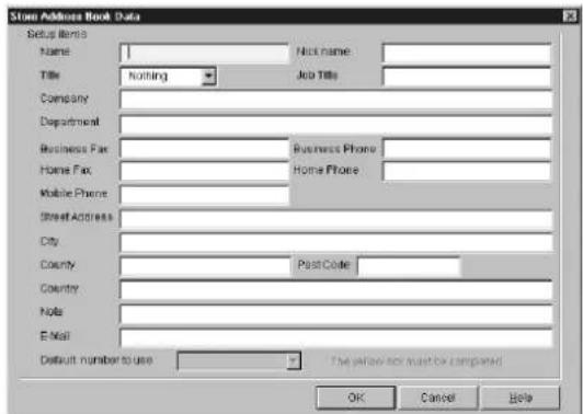 Store Address Book Data Setup Items Name: Tick name: Title: Nothing Job Title: Company Department Business Fax: Business Phone: Home Fax: Home Phone: Mobile Phone: Street Address: City: County: Past Code: Country: Note: E-Mail: Default number to use: The yellow box must be compared OK Cancel Help