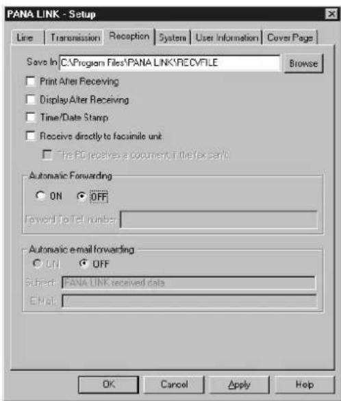 PANA LINK - Setup Line Transmission Reception Systems User Information Cover Page Save In C:\Program Files\PANA LINK\RECV FILE Browse Print After Receiving DisplayAfter Receiving Time/Date Stamp Receive directly to facsimile unit The PD receives a document file for each unit. Automatic Forwarding ON OFF Forward To Tel number Automatic e-mail forwarding ON OFF Subject: PANA LINK received data Email: OK Cancel Apply Hop
