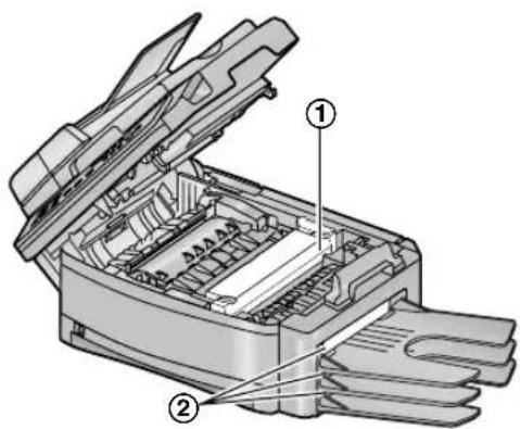 Technical diagram of an open printer with labeled parts, showing internal structure and part numbers ① and ②.