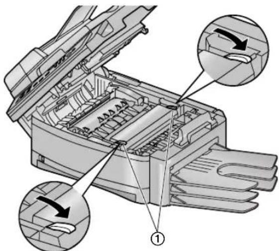 Technical diagram of an open printer with labeled parts and directional arrows indicating internal components