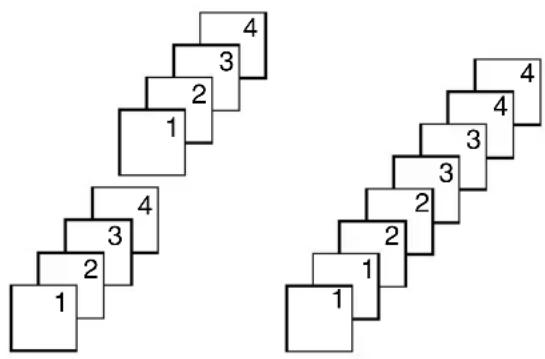 Two identical staircase-shaped diagrams with numbered blocks, likely for geometric or puzzle solving.