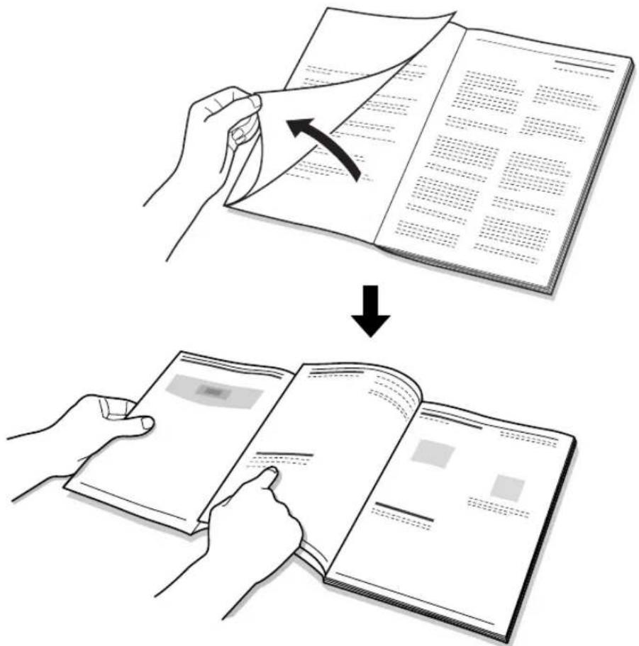 Illustration showing a hand holding an open book with a page being folded, followed by a drop and then a close-up of the open book.