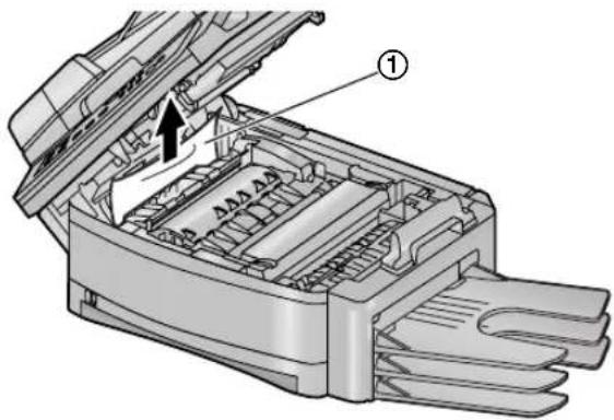 Technical diagram of a printer internal structure with labeled parts and an arrow indicating assembly direction