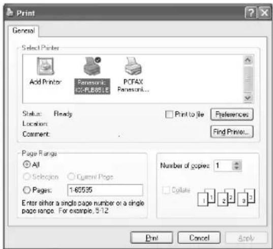 Print General Select Printer Add Printer Panasonic PCFAX ICX-PL6851E Panasonic... Status: Ready Location: Comment: Print to file Preferences Find Printer... Page Range All Selection Current Page Pages: 1-63535 Enter either a single page number or a single page range. For example, 5:12 Number of copies: 1 Collapse 1 1 2 2 3 3 Print Cancel Apply