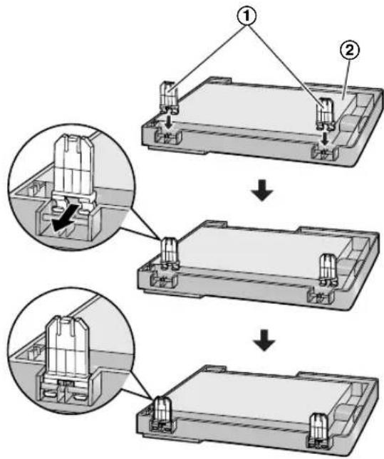 Technical diagram showing three-step assembly of a mechanical component with labeled parts and directional arrows indicating process flow.