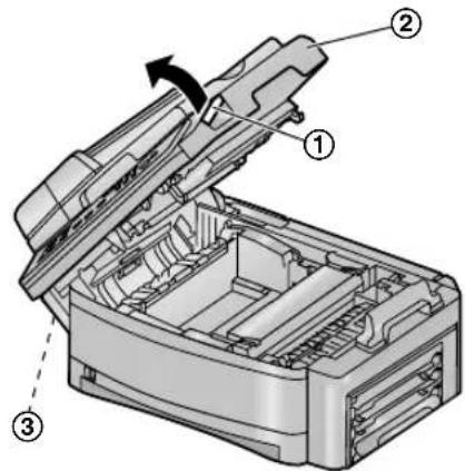 Technical diagram of a printer with labeled parts and directional arrows indicating assembly or operation.