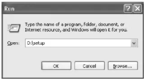 Run Type the name of a program, folder, document, or Internet resource, and Windows will open it for you. Open: D:\setup OK Cancel Browse...