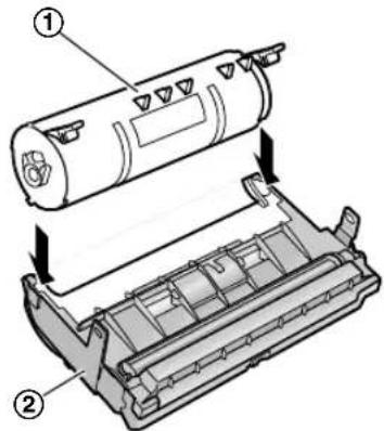 Technical diagram showing a cylindrical device being placed into a plastic housing, with numbered annotations indicating components.
