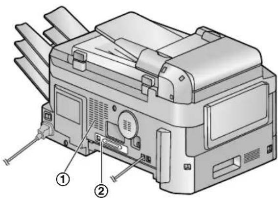 Technical diagram of a printer with labeled parts, showing front and back views with numbered annotations.