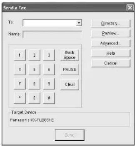 Send a Fax To: Name: 1 2 3 Back Space 4 5 6 PAUSE 7 8 9 Clear * 0 # Target Device Panasonic K0-FLB851E Send