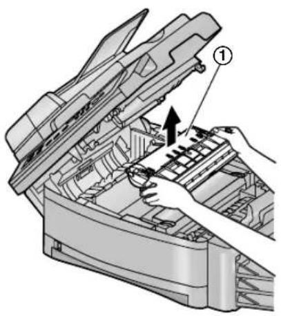 Technical diagram showing hands operating a mechanical device with labeled component ①