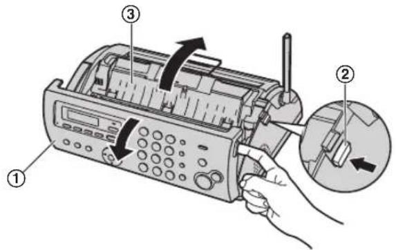 Diagram of a radio receiver with labeled parts including control panel, push buttons, and internal mechanism