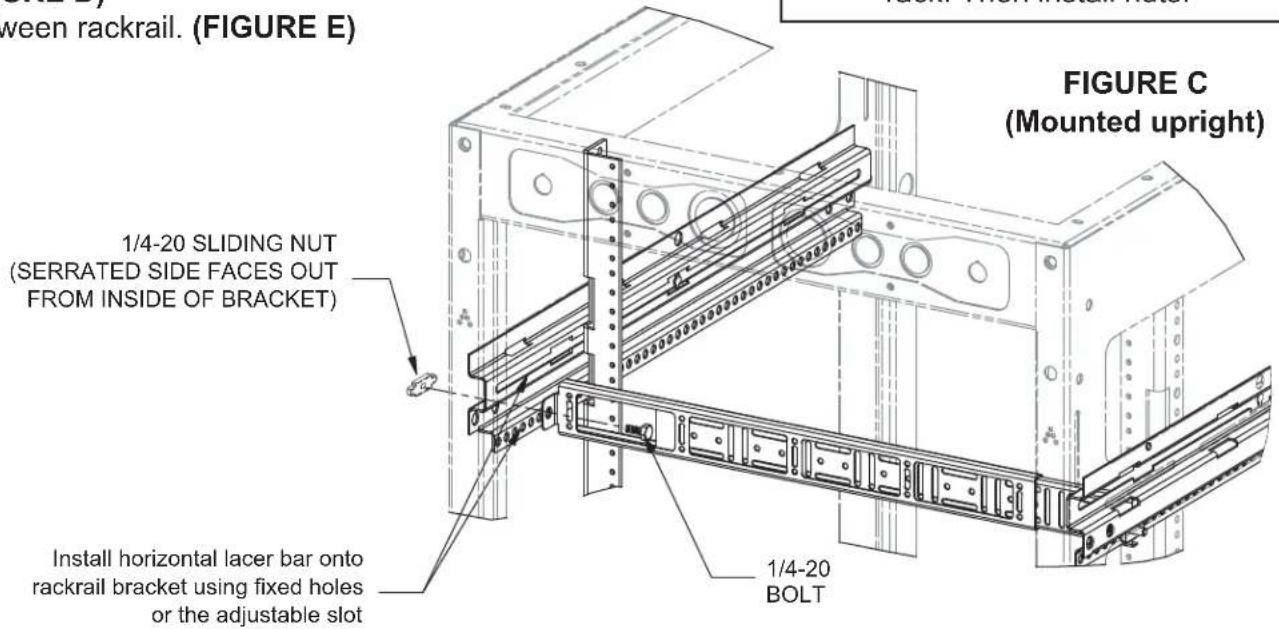 ween rackrail. (FIGURE E) FIGURE C (Mounted upright) 1/4-20 SLIDING NUT (SERRATED SIDE FACES OUT FROM INSIDE OF BRACKET) Install horizontal lacer bar onto rackrail bracket using fixed holes or the adjustable slot 1/4-20 BOLT