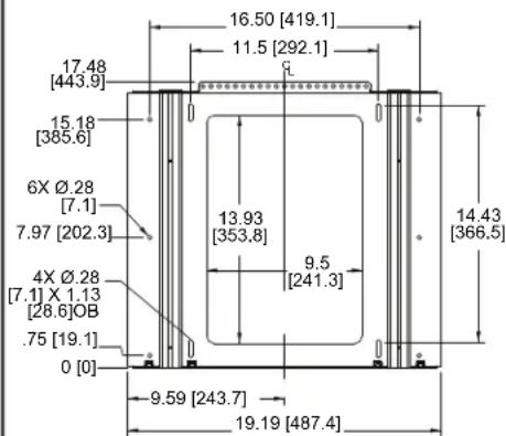 16.50 [419.1] 11.5 [292.1] 17.48 [443.9] 15.18 [385.6] 6X Ø.28 [7.1] 7.97 [202.3] 4X Ø.28 [7.1] X 1.13 [28.6]OB .75 [19.1] 0 [0] 13.93 [353.8] 9.5 [241.3] 14.43 [366.5] 9.59 [243.7] 19.19 [487.4]