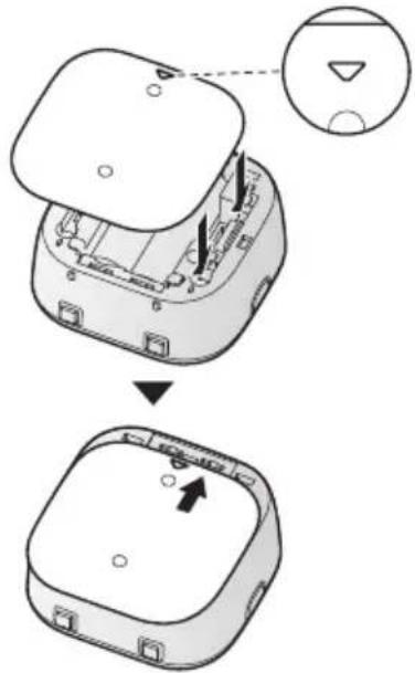 Diagram showing a device's internal structure before and after assembly, with an inset highlighting a component.