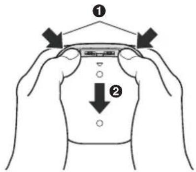 Diagram showing two hands holding a smartphone with labeled parts and directional arrows indicating movement or change.