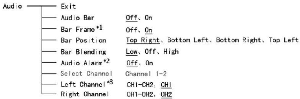 Audio Exit Audio Bar Off、On Bar Frame*1 Off、On Bar Position Top Right、Bottom Left、Bottom Right、Top Left Bar Blending Low、Off、High Audio Alarm*2 Off、On Select Channel Channel 1-2 Left Channel*3 CH1-CH2, CH1 Right Channel CH1-CH2, CH2