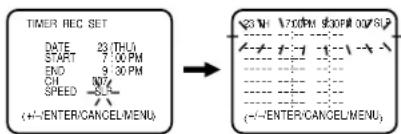 TIMER REC SET DATE 23 THU START 7:00 PM END 9:30 PM OIL 10% SPEED 8.5 (+/-ENTER/CANCEL/MENU) → +/- ENTER CANCEL/MENU +/- ENTER CANCEL/MENU