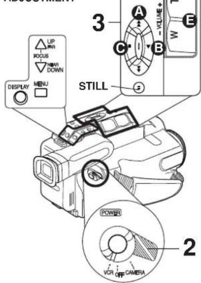 UP R/W ROUS NWR DOWN DISPLAY MENU 3 A VOLUME E C B W STILL 2 POWER VCR OFF CAMERA