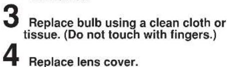 3 Replace bulb using a clean cloth or tissue. (Do not touch with fingers.) 4 Replace lens cover.
