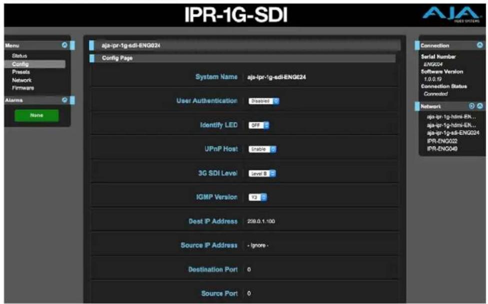IPR-1G-SDI Menu Status Config Prests Network Firmware Alarms None aja-ipr-1g-sdi-ENG024 Config Page System Name aja-ipr-1g-sdi-ENG024 User Authentication Disabled Identify LED 3PF UPnP Host Enable 3G SDI Level level 8 IGMP Version 73 Dest IP Address 239.0.1.100 Source IP Address - Ignore - Destinati…