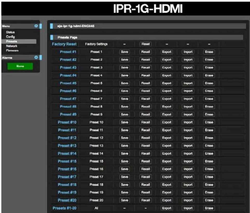 AJA IPT-1G-HDMI - Presets Screen - 1