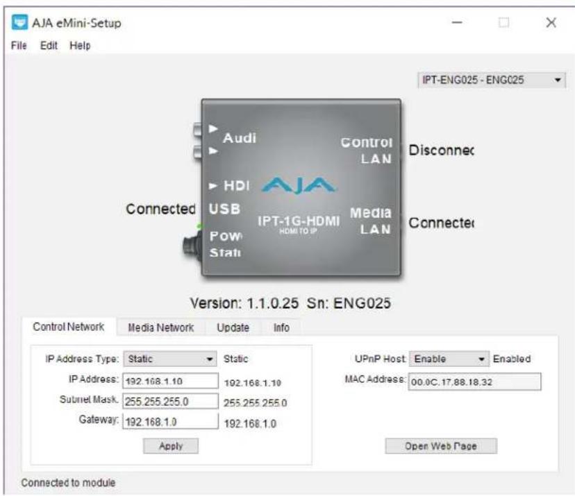 AJA IPT-1G-HDMI - Control Network Tab Screen - 1