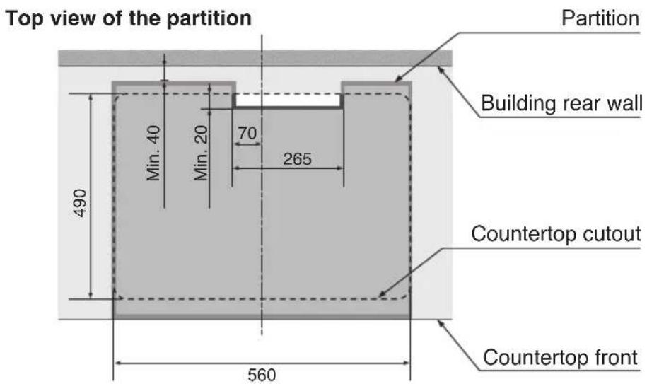 Top view of the partition Partition Building rear wall 490 Min. 40 Min. 20 70 265 Countertop cutout 560 Countertop front