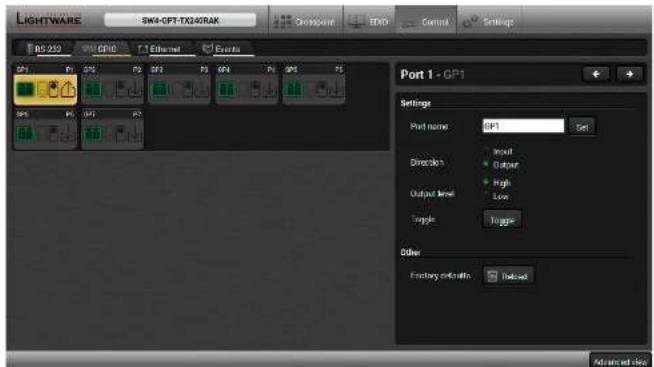 LIGHTWARE SWK-OPT-TX245RAK Control Settings RS-259 GP1 T1 Ethernet Events Port 1 - GP1 Settings Port name: GP1 Direction: Input Output High Output level: Low Toggle: Toggle Other Factory controls: Reload