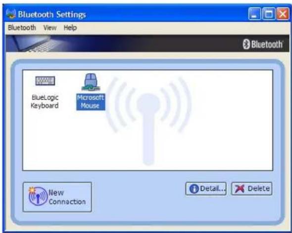 Bluetooth Settings Bluetooth View Help BlueLogic Keyboard Microsoft Mouse New Connection Detail... Delete