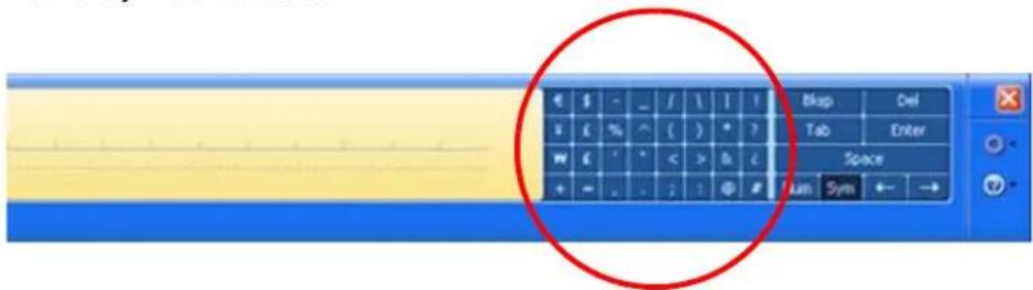 Screenshot of a software interface showing a keyboard with a highlighted circular annotation pointing to the 'Space' button.