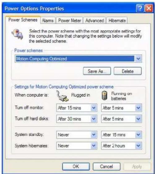 Power Options Properties Power Schemes Alarms Power Meter Advanced Hibemate Select the power scheme with the most appropriate settings for this computer. Note that changing the settings below will modify the selected scheme. Power schemes Motion Computing Optimized Save As... Delete Settings for Motion Computing Optimized power scheme When computer is: Plugged in Funning on batteries Turn off monitor: After 15 mins After 5 mins Turn off hard disks: After 30 mins After 5 mins System standby: Never After 15 mins System hibemates: Never After 2 hours OK Cancel Apply