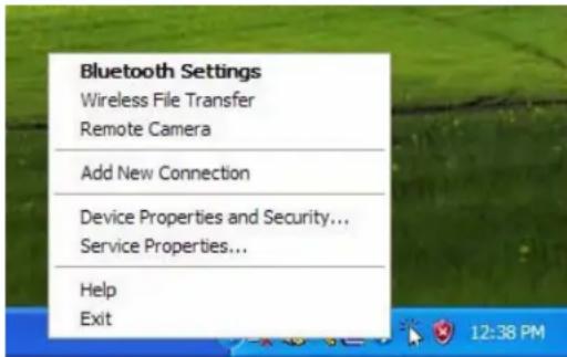 Bluetooth Settings Wireless File Transfer Remote Camera Add New Connection Device Properties and Security... Service Properties... Help Exit