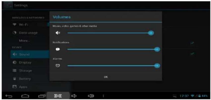 Settings WIRELESS & NETWORKS Wi-Fi Data usage More_ device Sound Display Storage Battery Apps Volumes Music, video, games & other media Notifications Alarms OK